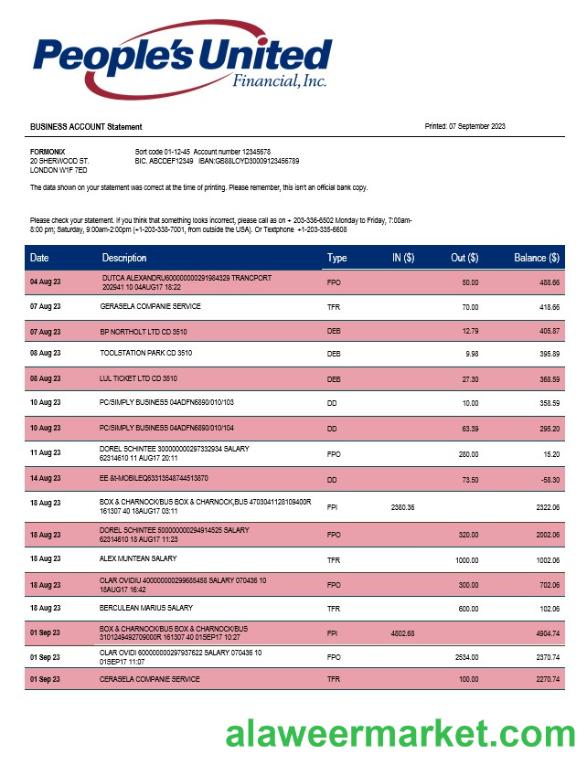 People’s United Bank business statement Word and PDF template